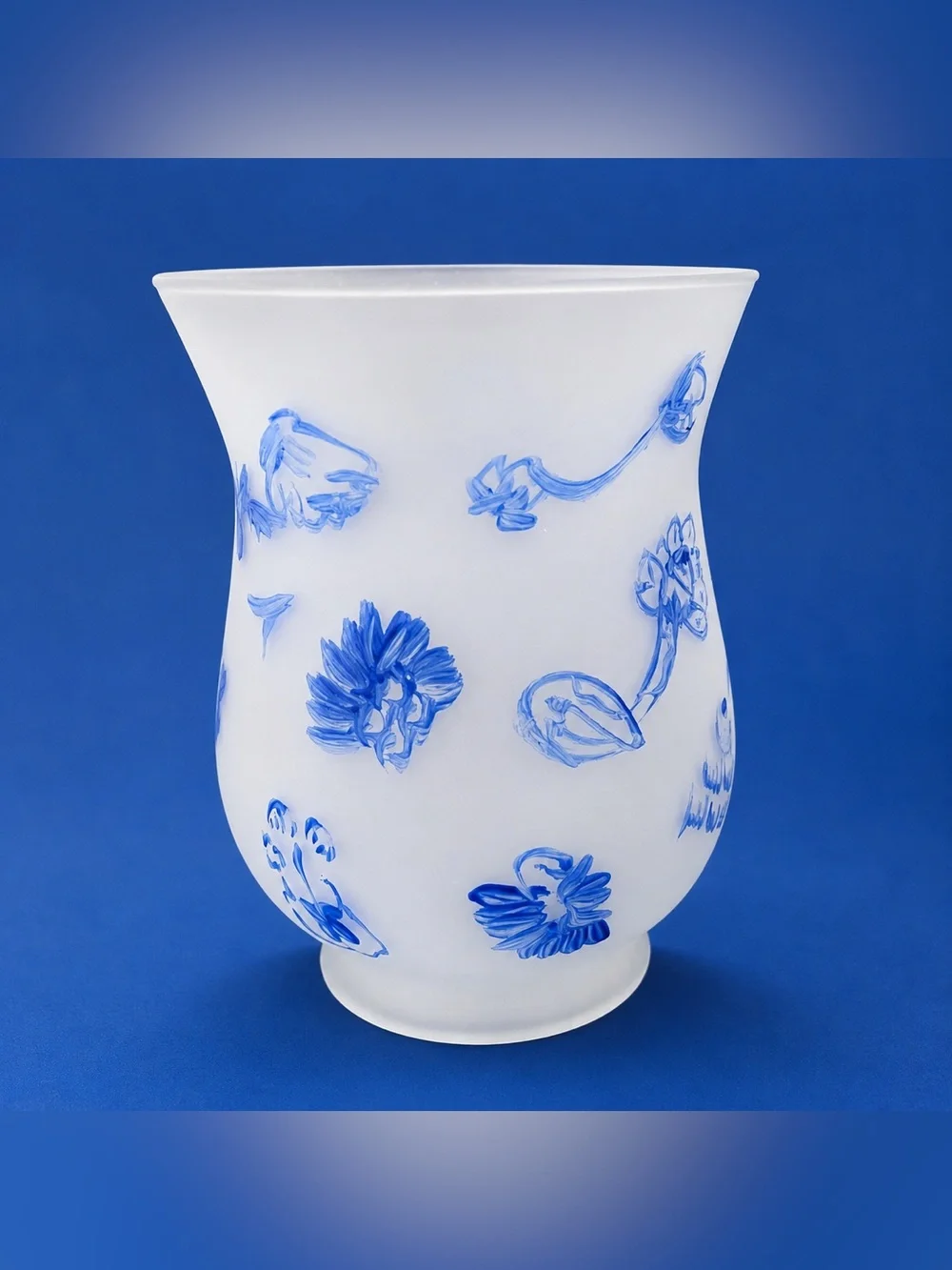 Frosted Glass Vase Blue Floral Cottagecore Grandmillennial Decor